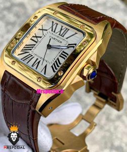 ساعت ست کارتیه سانتوس بند چرم قهوه ای قاب طلایی صفحه سفید CARTIER SANTOS100 0873