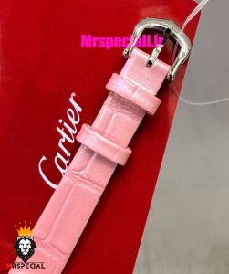ساعت کارتیه زنانه مدل بایگنور بند چرم صورتی قاب استیل صفحه سفید 021542 Cartier Baignoire