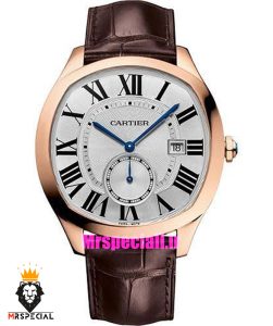 ساعت کارتیه درایو مردانه اتوماتیک رزگلد بند چرم قهوه ای صفحه سفید Cartier Drive de Cartier 021641