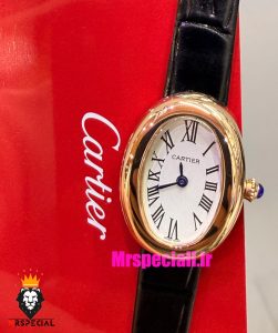 ساعت کارتیه زنانه مدل بایگنور بند چرم مشکی قاب رزگلد صفحه سفید 021541 Cartier Baignoire 