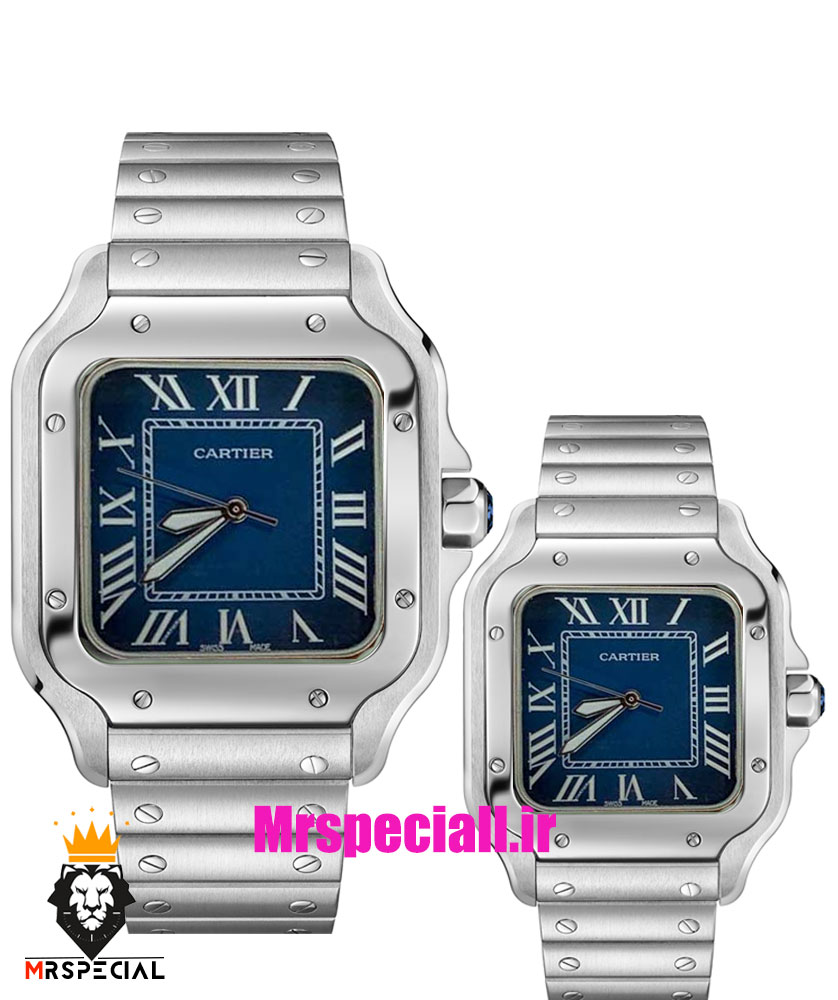 ساعت ست کارتیه زنانه و مردانه دسانتوس اتومات استیل صفحه ابی Cartier SANTOS de 01921