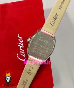 ساعت کارتیه زنانه مدل بایگنور بند چرم صورتی قاب استیل صفحه سفید 021542 Cartier Baignoire