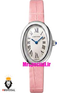 ساعت کارتیه زنانه مدل بایگنور بند چرم صورتی قاب استیل صفحه سفید 021542 Cartier Baignoire