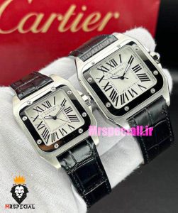 ساعت ست مردانه و زنانه کارتیه سانتوس چرم مشکی صفحه سفید CARTIER SANTOS100 0871