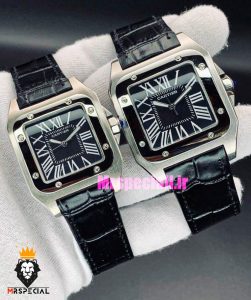 ساعت ست مردانه و زنانه کارتیه سانتوس چرم مشکی صفحه مشکی CARTIER SANTOS100 021668