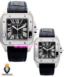 ساعت ست مردانه و زنانه کارتیه سانتوس چرم مشکی صفحه مشکی CARTIER SANTOS100 021668