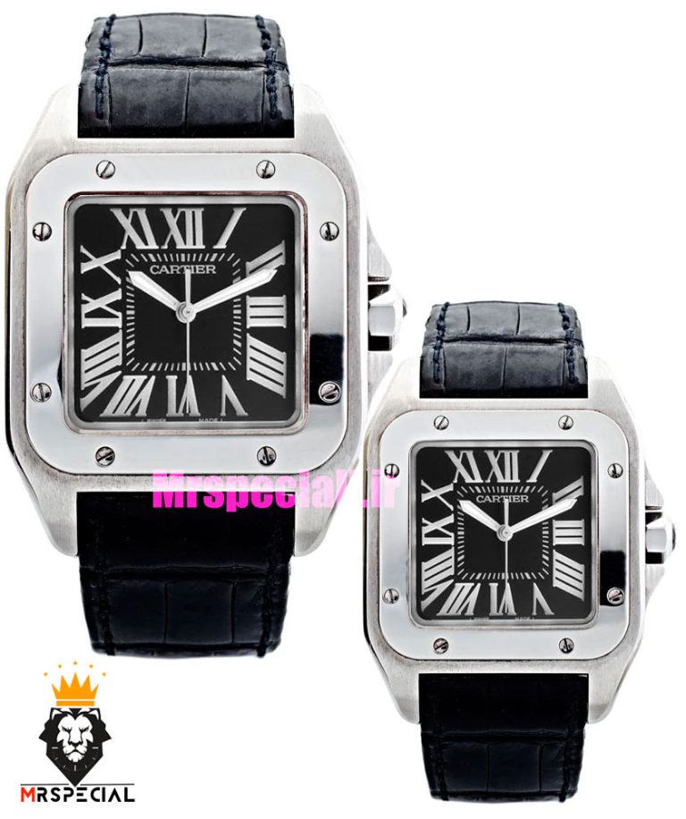 ساعت ست مردانه و زنانه کارتیه سانتوس چرم مشکی صفحه مشکی CARTIER SANTOS100 021668
