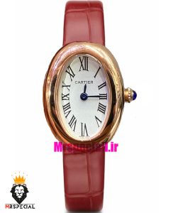 ساعت کارتیه زنانه مدل بایگنور بند چرم قرمز قاب رزگلد صفحه سفید 021544 Cartier Baignoire