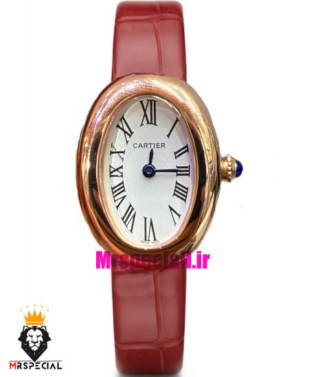 ساعت کارتیه زنانه مدل بایگنور بند چرم قرمز قاب رزگلد صفحه سفید 021544 Cartier Baignoire