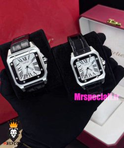 ساعت ست مردانه و زنانه کارتیه سانتوس چرم مشکی صفحه سفید CARTIER SANTOS100 0871