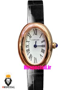 ساعت کارتیه زنانه مدل بایگنور بند چرم مشکی قاب رزگلد صفحه سفید 021541 Cartier Baignoire