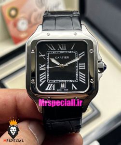 ساعت کارتیه مردانه مدل دسانتوس بند چرم مشکی صفحه مشکی 021667 Cartier Santos de 