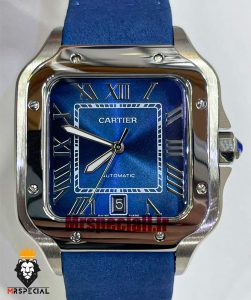 ساعت کارتیه مردانه مدل دسانتوس اتوماتیک بند چرم ابی صفحه ابی 021451 Cartier Santos de 