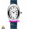 ساعت کارتیه زنانه مدل بایگنور بند چرم ابی قاب استیل صفحه سفید 021543 Cartier Baignoire