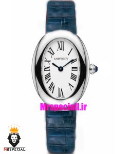 ساعت کارتیه زنانه مدل بایگنور بند چرم ابی قاب استیل صفحه سفید 021543 Cartier Baignoire