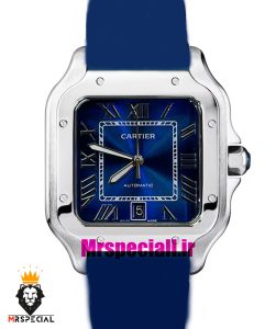 ساعت کارتیه مردانه مدل دسانتوس اتوماتیک بند چرم ابی صفحه ابی 021451 Cartier Santos de