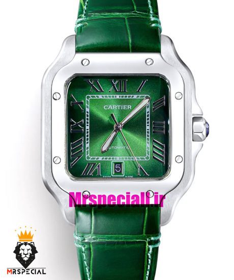 ساعت کارتیه مردانه مدل دسانتوس اتوماتیک بند چرم سبز صفحه سبز 021450 Cartier Santos de