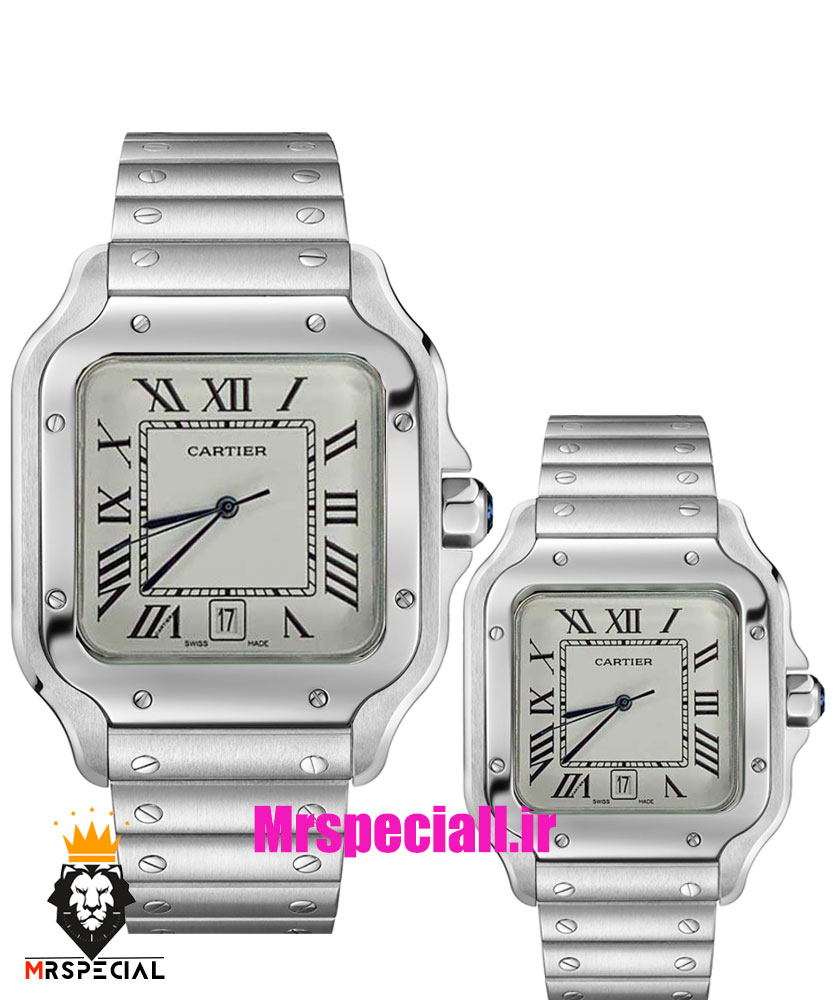 ساعت ست کارتیه زنانه و مردانه دسانتوس اتومات استیل صفحه سفید Cartier SANTOS de 01919