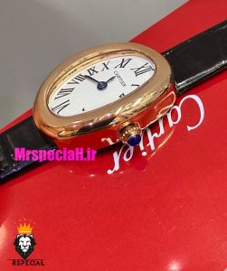 ساعت کارتیه زنانه مدل بایگنور بند چرم مشکی قاب رزگلد صفحه سفید 021541 Cartier Baignoire 