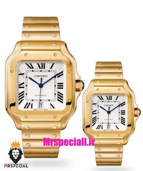 ساعت ست کارتیه زنانه و مردانه دسانتوس اتومات طلایی صفحه سفید Cartier SANTOS de 01923