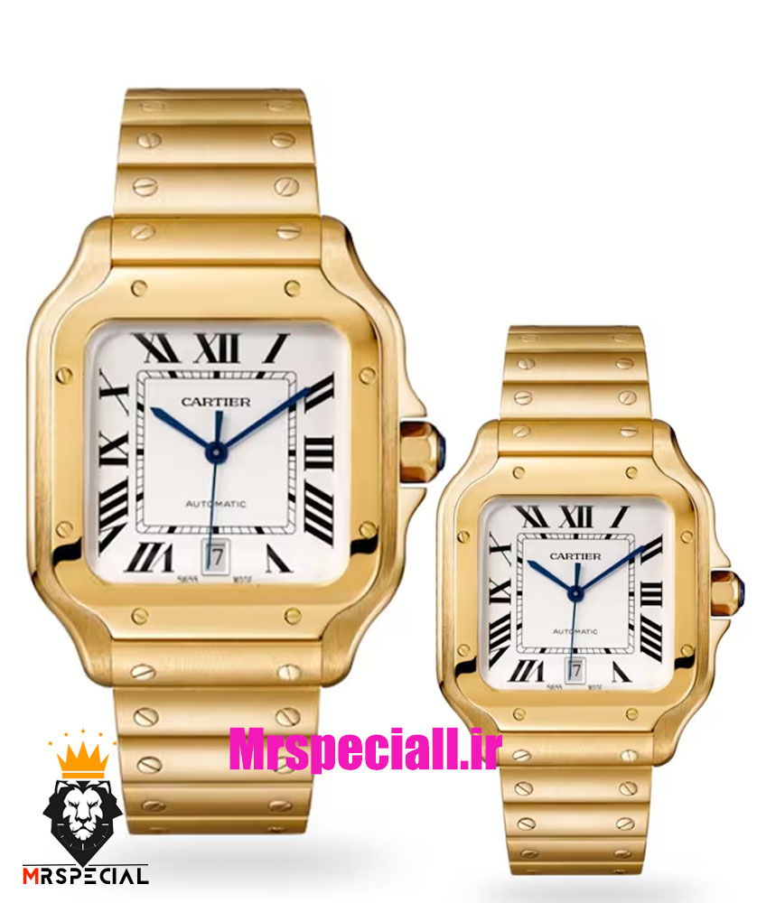 ساعت ست کارتیه زنانه و مردانه دسانتوس اتومات طلایی صفحه سفید Cartier SANTOS de 01923