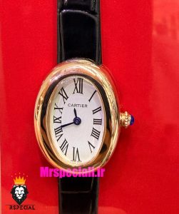ساعت کارتیه زنانه مدل بایگنور بند چرم مشکی قاب رزگلد صفحه سفید 021541 Cartier Baignoire 