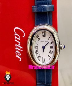 ساعت کارتیه زنانه مدل بایگنور بند چرم ابی قاب استیل صفحه سفید 021543 Cartier Baignoire