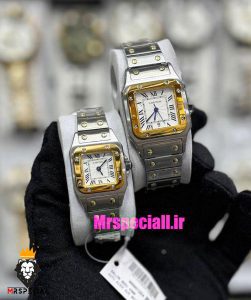 ساعت ست کارتیه مدل سانتوس کوارتز دورنگ طلایی صفحه سفید 021443 Cartier Santos100