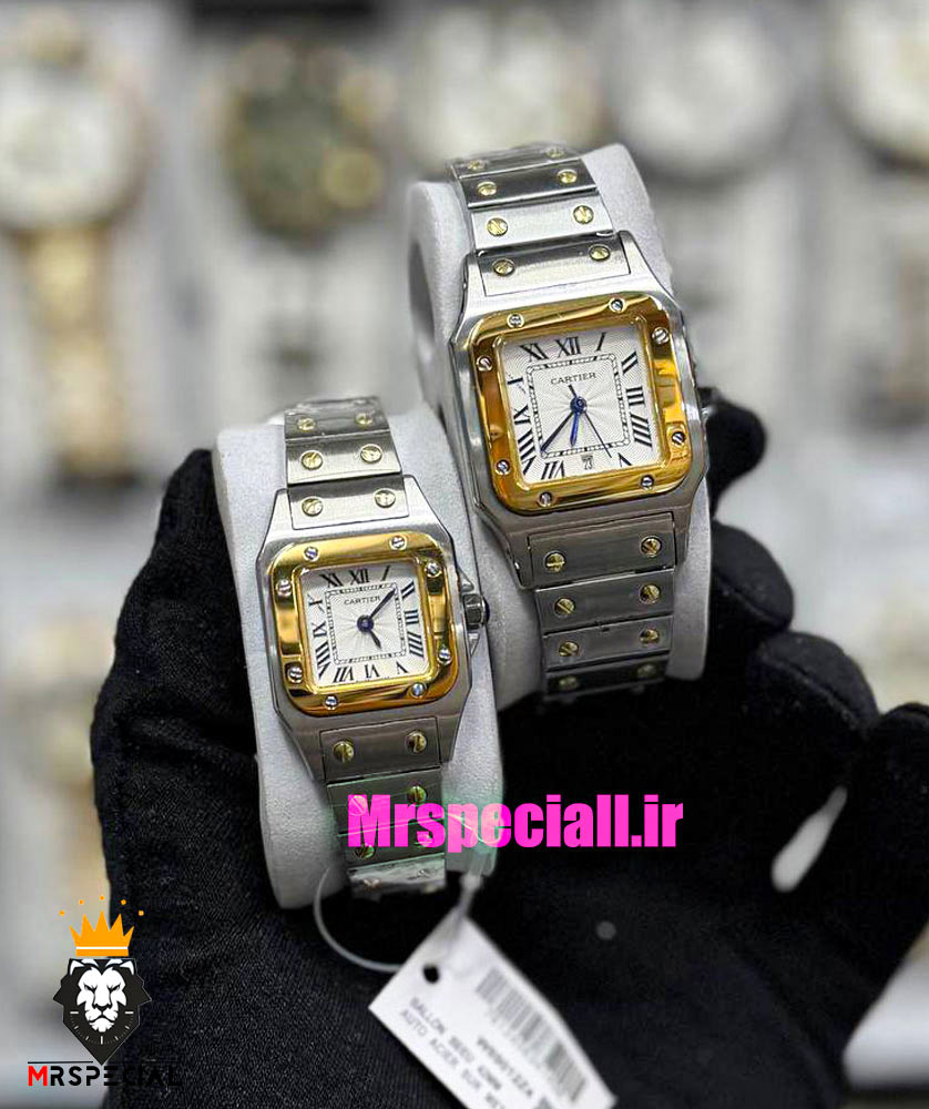 ساعت ست کارتیه مدل سانتوس کوارتز دورنگ طلایی صفحه سفید 021443 Cartier Santos100