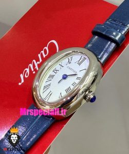 ساعت کارتیه زنانه مدل بایگنور بند چرم ابی قاب استیل صفحه سفید 021543 Cartier Baignoire