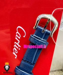 ساعت کارتیه زنانه مدل بایگنور بند چرم ابی قاب استیل صفحه سفید 021543 Cartier Baignoire
