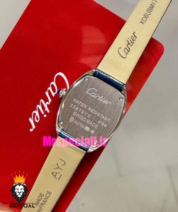 ساعت کارتیه زنانه مدل بایگنور بند چرم ابی قاب استیل صفحه سفید 021543 Cartier Baignoire