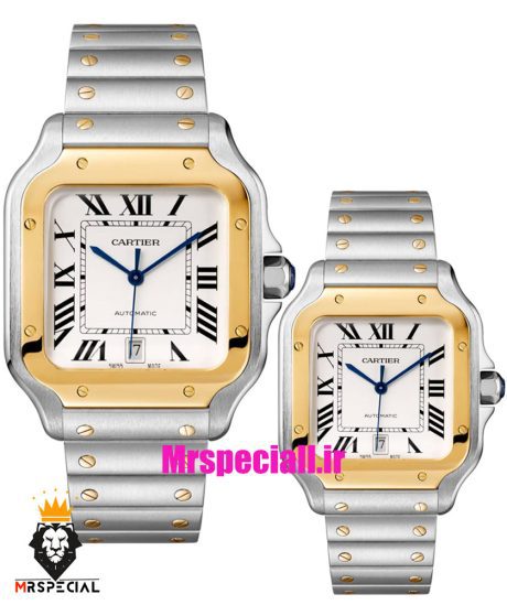 ساعت ست کارتیه دسانتوز اتوماتیک استیل دورنگ طلایی صفحه سفید Santos de Cartier 01924