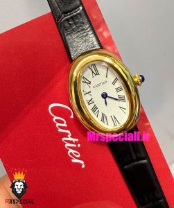 ساعت کارتیه زنانه مدل بایگنور بند چرم طلایی صفحه سفید 021522 Cartier Baignoire