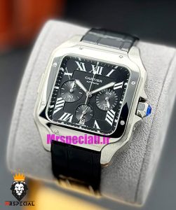 ساعت کارتیه مردانه مدل دسانتوس کرنوگراف بند چرم اتوماتیک قاب استیل صفحه مشکی 021074 Cartier Santos de