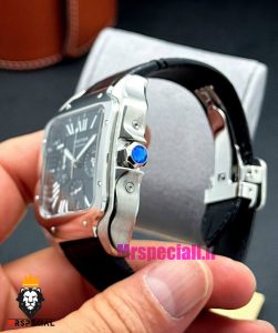 ساعت کارتیه مردانه مدل دسانتوس کرنوگراف بند چرم اتوماتیک قاب استیل صفحه مشکی 021074 Cartier Santos de
