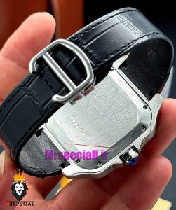 ساعت کارتیه مردانه مدل دسانتوس کرنوگراف بند چرم اتوماتیک قاب استیل صفحه مشکی 021074 Cartier Santos de