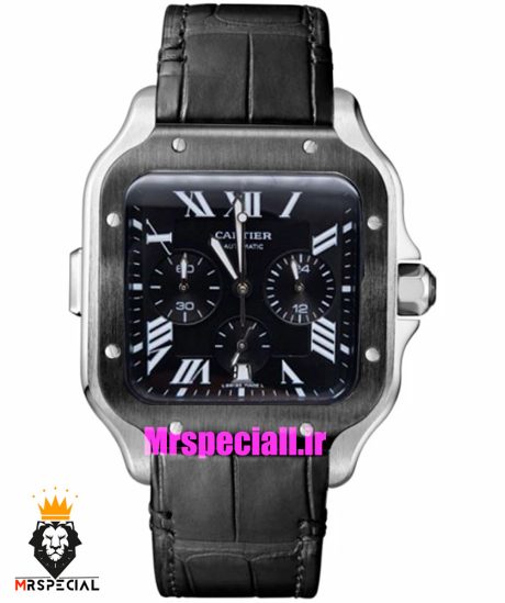 ساعت کارتیه مردانه مدل دسانتوس کرنوگراف بند چرم اتوماتیک قاب استیل صفحه مشکی 021074 Cartier Santos de