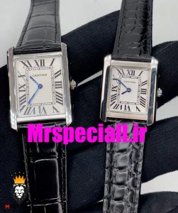 ساعت ست مردانه و زنانه کارتیه مدل تانک بند چرم مشکی صفحه سفید Cartier Tank 020658 