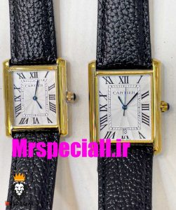 ساعت ست مردانه و زنانه کارتیه مدل تانک بند چرم مشکی صفحه سفید قاب طلایی Cartier Tank 020699