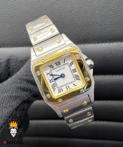 ساعت زنانه کارتیه سانتوس کوارتز دو رنگ طلایی صفحه سفید 01786 Cartier Santos