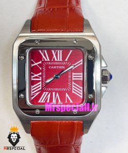 ساعت کارتیه زنانه مدل سانتوس بند چرم قرمز قاب استیل صفحه قرمز 021047 Cartier Santos100