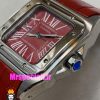 ساعت کارتیه زنانه مدل سانتوس بند چرم قرمز قاب استیل صفحه قرمز 021047 Cartier Santos100