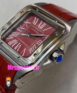 ساعت کارتیه زنانه مدل سانتوس بند چرم قرمز قاب استیل صفحه قرمز 021047 Cartier Santos100