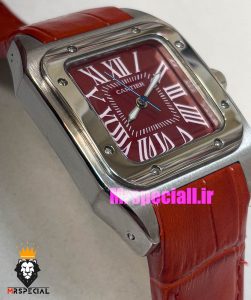 ساعت کارتیه زنانه مدل سانتوس بند چرم قرمز قاب استیل صفحه قرمز 021047 Cartier Santos100