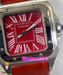 ساعت کارتیه زنانه مدل سانتوس بند چرم قرمز قاب استیل صفحه قرمز 021047 Cartier Santos100