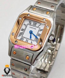 ساعت زنانه کارتیه سانتوس کوارتز دو رنگ رزگلد صفحه سفید 01787 Cartier Santos