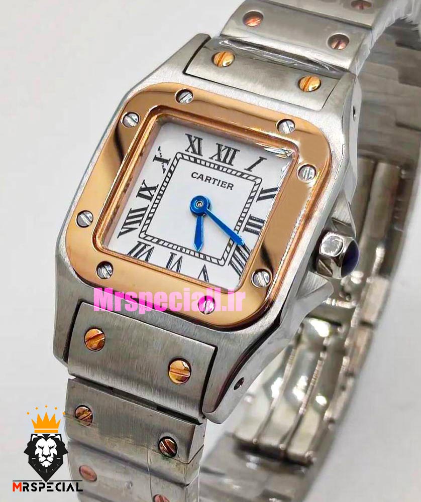 ساعت زنانه کارتیه سانتوس کوارتز دو رنگ رزگلد صفحه سفید 01787 Cartier Santos