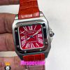 ساعت کارتیه زنانه مدل سانتوس بند چرم قرمز قاب استیل صفحه قرمز 021047 Cartier Santos100