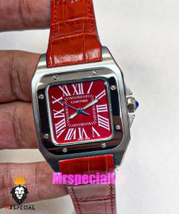 ساعت کارتیه زنانه مدل سانتوس بند چرم قرمز قاب استیل صفحه قرمز 021047 Cartier Santos100